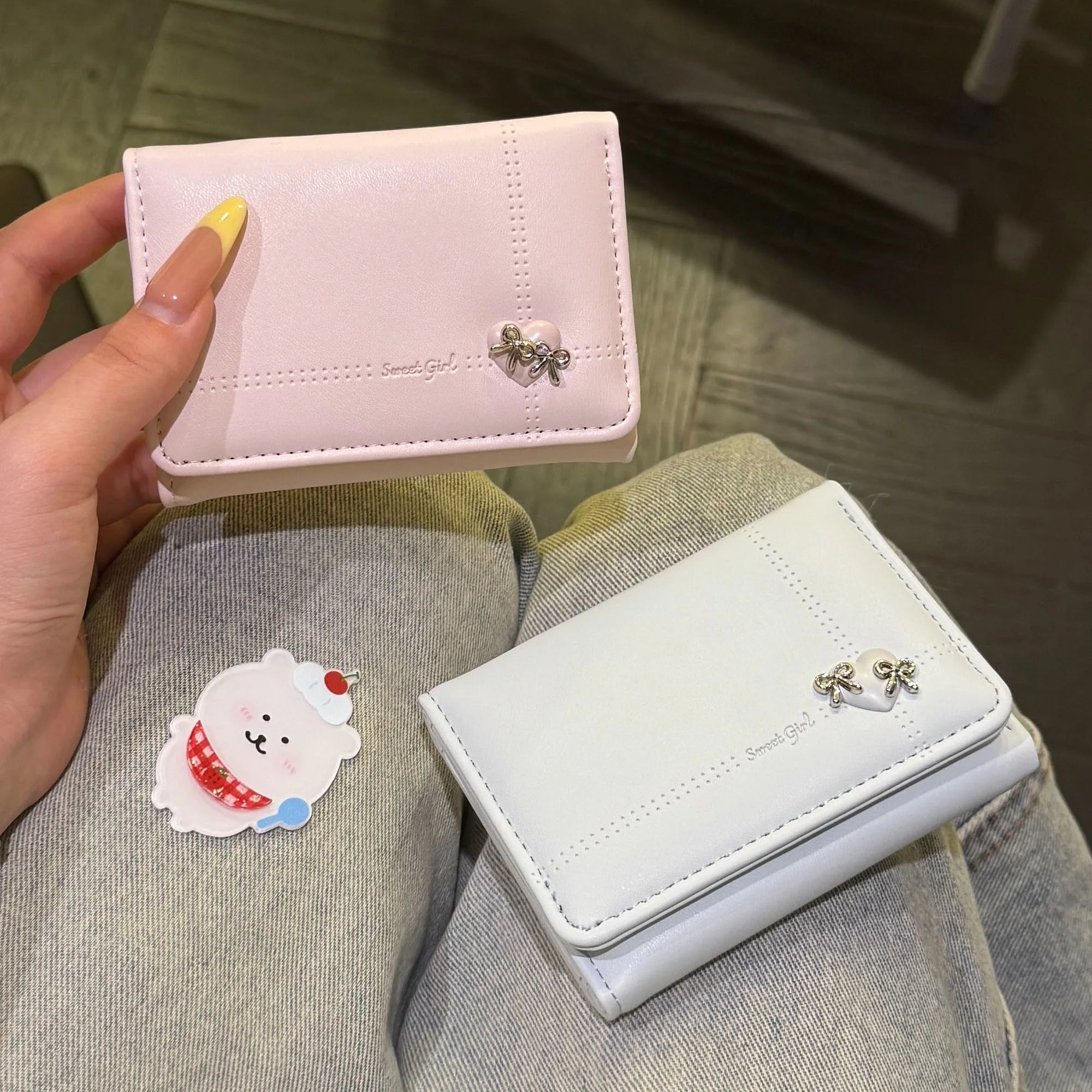 Korean Style Simple Love Bow Short Wallet Female Cute Large Capacity Card Holder Girl Heart Multi-card Slot Document Bag Gift