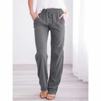 Women Cotton Linen Drawstring Pants Elastic Waist Casual Solid Color Trousers Baggy Loose Straight Leg Breathable Sweatpants
