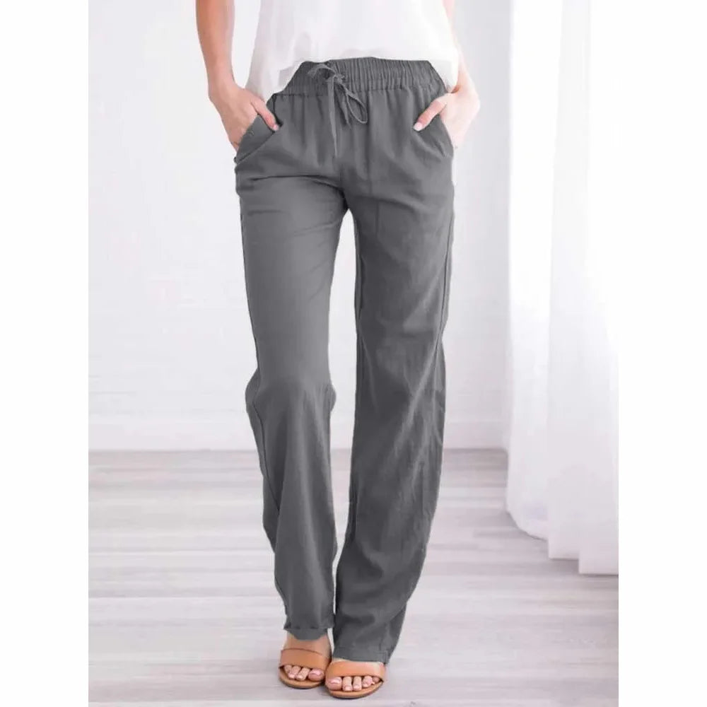 Women Cotton Linen Drawstring Pants Elastic Waist Casual Solid Color Trousers Baggy Loose Straight Leg Breathable Sweatpants