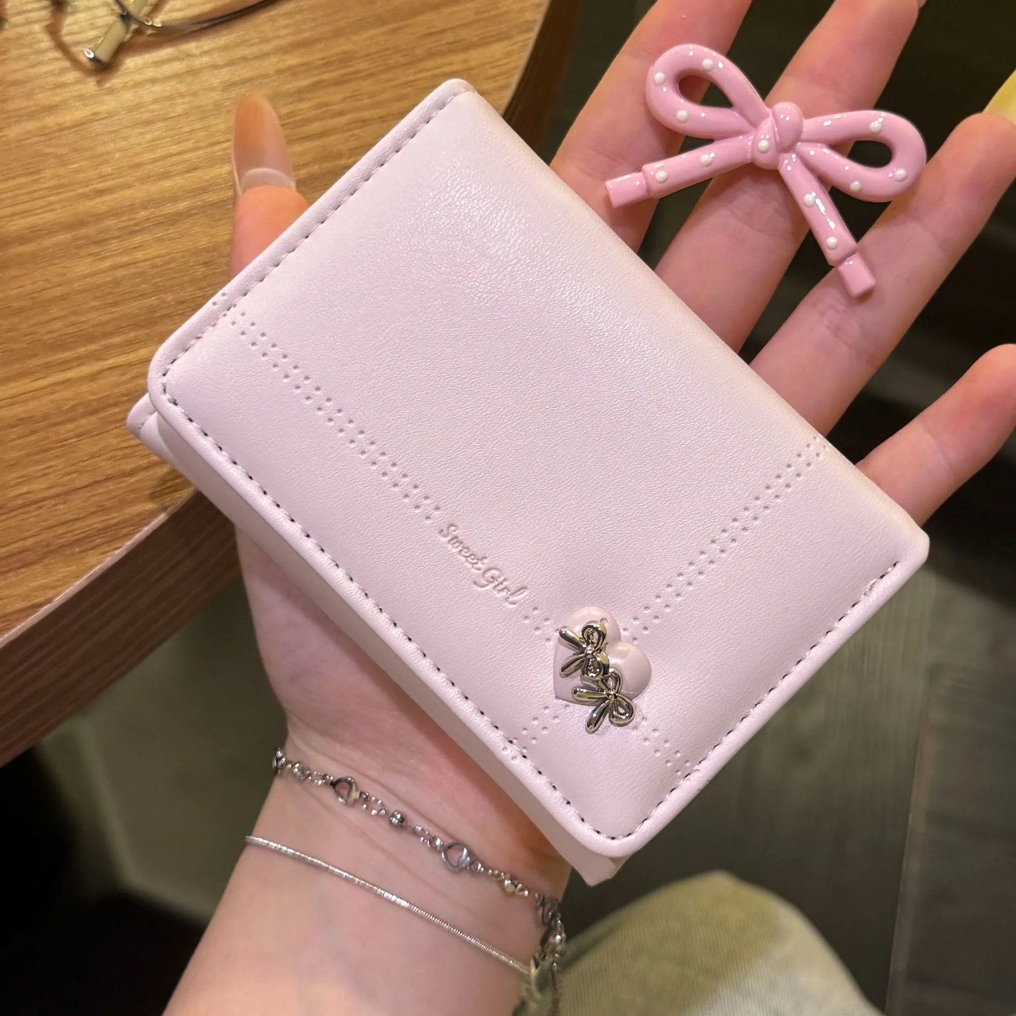 Korean Style Simple Love Bow Short Wallet Female Cute Large Capacity Card Holder Girl Heart Multi-card Slot Document Bag Gift
