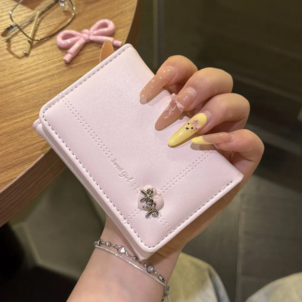 Korean Style Simple Love Bow Short Wallet Female Cute Large Capacity Card Holder Girl Heart Multi-card Slot Document Bag Gift
