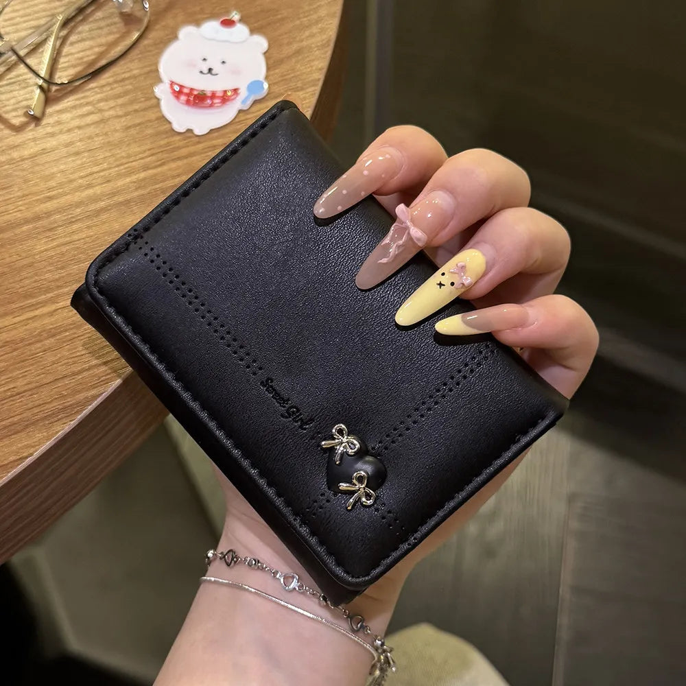 Korean Style Simple Love Bow Short Wallet Female Cute Large Capacity Card Holder Girl Heart Multi-card Slot Document Bag Gift