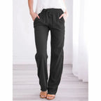 Women Cotton Linen Drawstring Pants Elastic Waist Casual Solid Color Trousers Baggy Loose Straight Leg Breathable Sweatpants